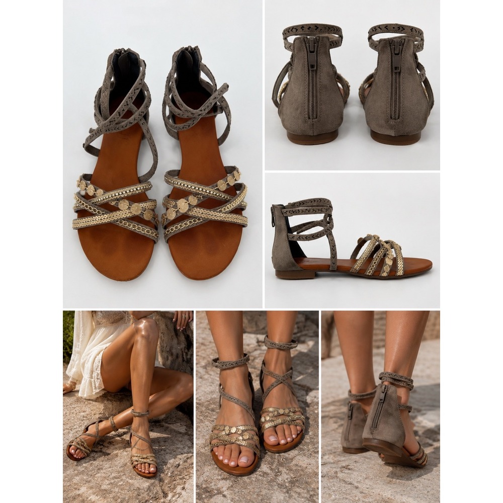 Jellypop Womens Strappy Gladiator Sandals Taupe Gray Gold Sequin Accents